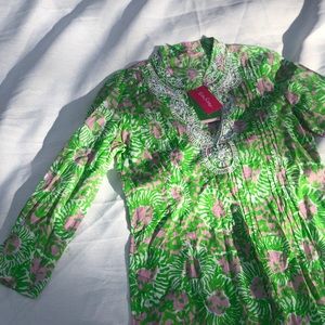 Lilly Pulitzer Green Beaded Pintuck Tunic